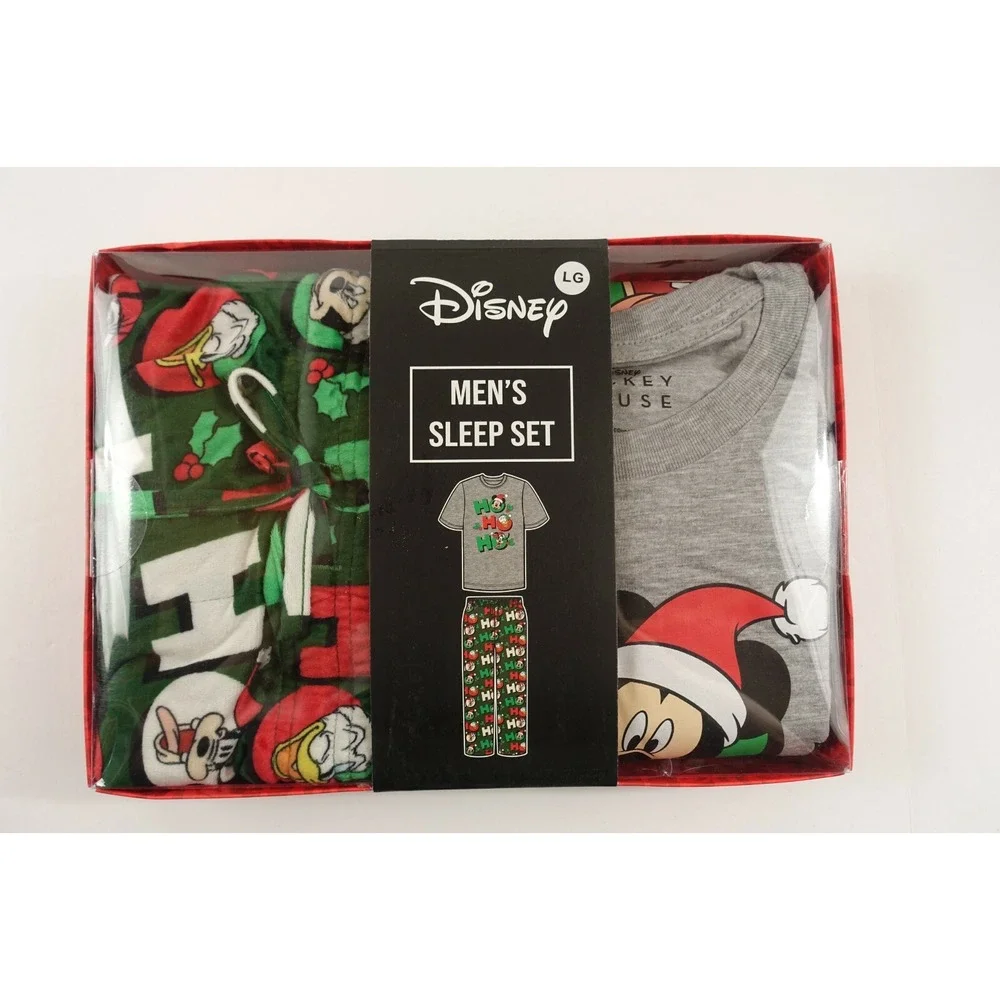 Disney Mickey Mouse Pajama Set Men Large Tee Microfleece Pajama Christmas HOHOHO